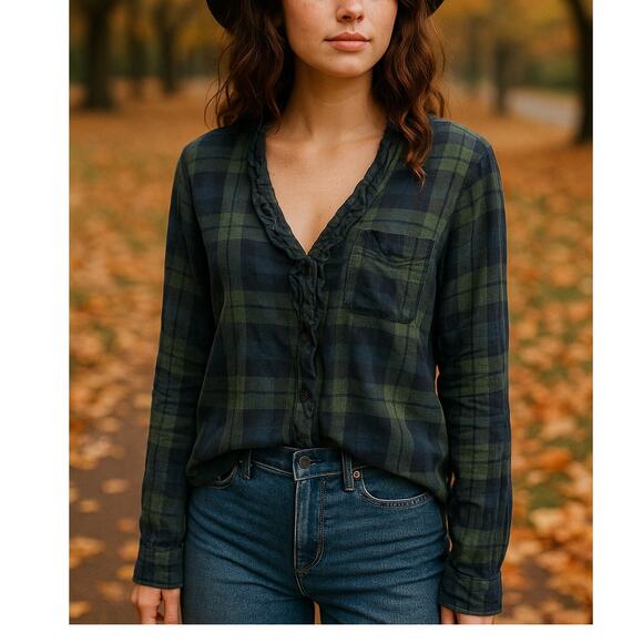 Abercrombie & Fitch Plaid Ruffle Blouse Navy Green V Neck Ruffle Front Medium - Picture 1 of 6